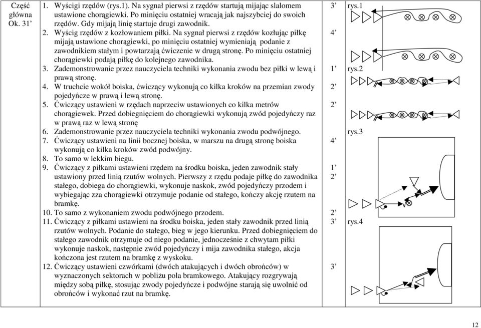 Na sygnał pierwsi z rzędów kozłując piłkę mijają ustawione chorągiewki,pominięciu ostatniej wymieniają podanie z zawodnikiem stałym i powtarzająćwiczenie w drugą stronę.
