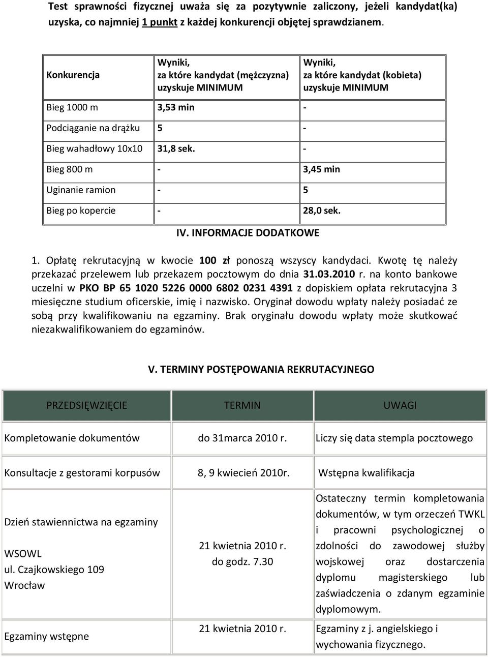 - Bieg 800 m - 3,45 min Uginanie ramion - 5 Bieg po kopercie - 28,0 sek. IV. INFORMACJE DODATKOWE Wyniki, za które kandydat (kobieta) uzyskuje MINIMUM 1.