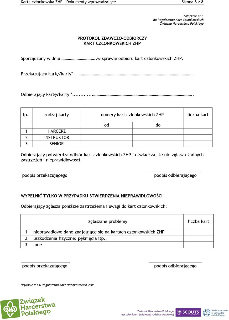 rodzaj karty numery kart członkowskich ZHP liczba kart 1 HARCERZ 2 INSTRUKTOR 3 SENIOR od do Odbierający potwierdza odbiór kart członkowskich ZHP i oświadcza, że nie zgłasza żadnych zastrzeżeń i