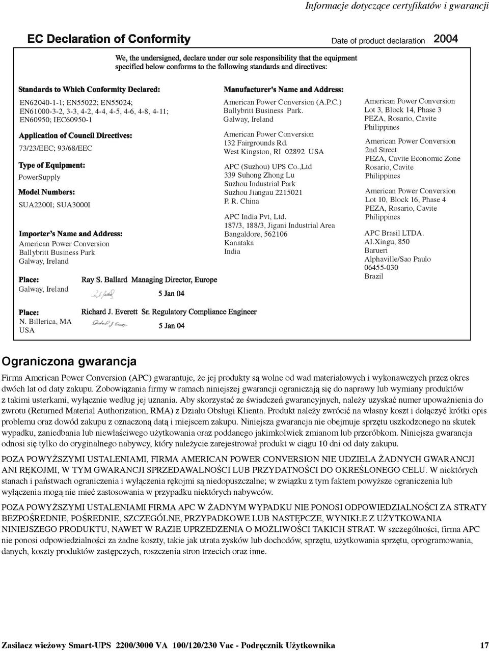 Galway, Ireland American Power Conversion 132 Fairgrounds Rd. West Kingston, RI 02892 USA APC (Suzhou) UPS Co.,Ltd 339 Suhong Zhong Lu Suzhou Industrial Park Suzhou Jiangau 2215021 P. R. China APC India Pvt, Ltd.
