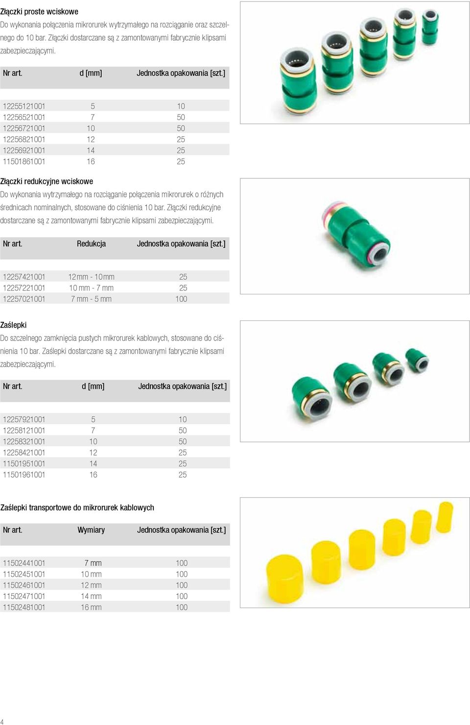 mikrorurek o różnych średnicach nominalnych, stosowane do ciśnienia 10 bar. Złączki redukcyjne dostarczane są z zamontowanymi fabrycznie klipsami zabezpieczającymi.