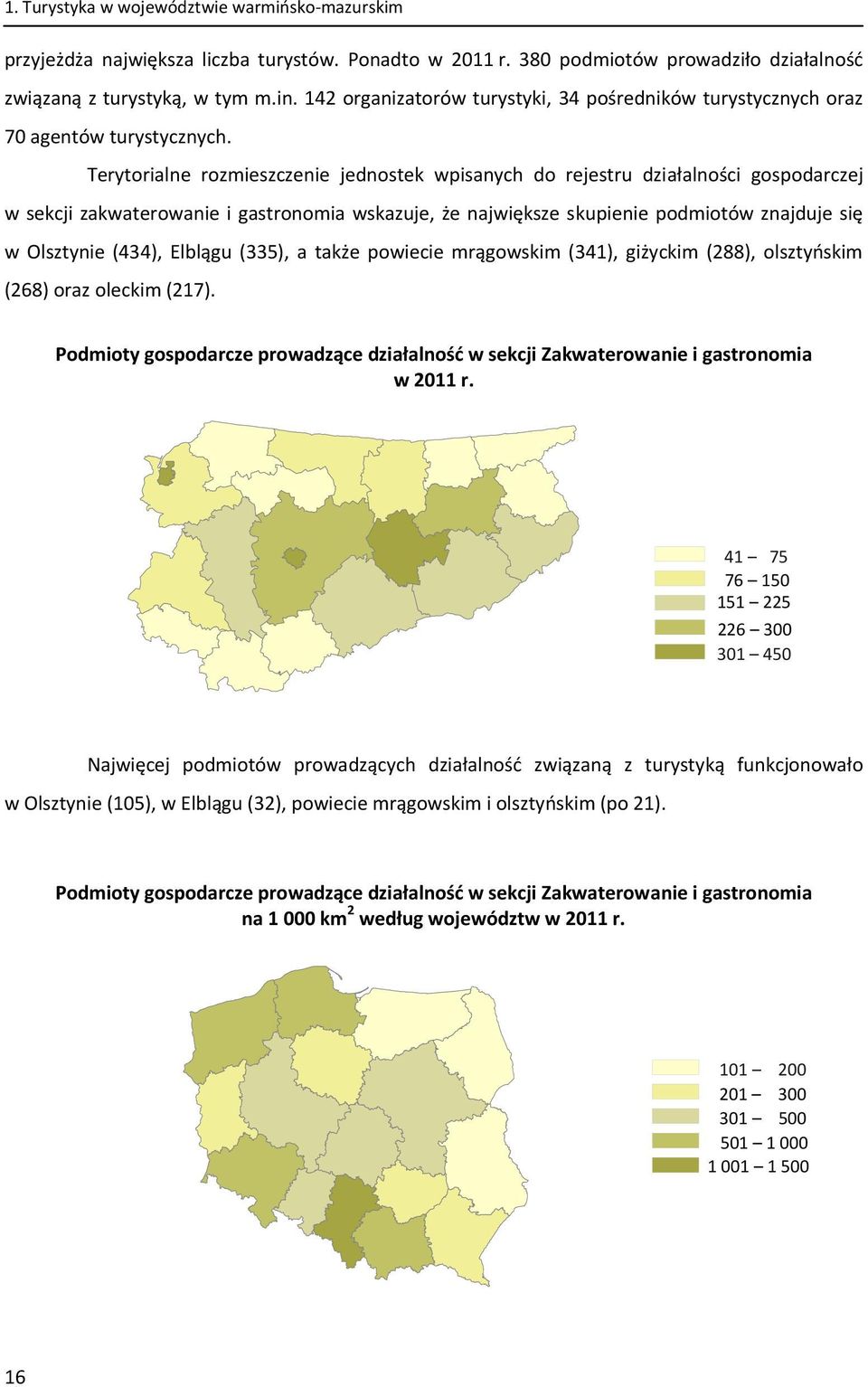 Terytorialne rozmieszczenie jednostek wpisanych do rejestru działalności gospodarczej w sekcji zakwaterowanie i gastronomia wskazuje, że największe skupienie podmiotów znajduje się w Olsztynie (434),