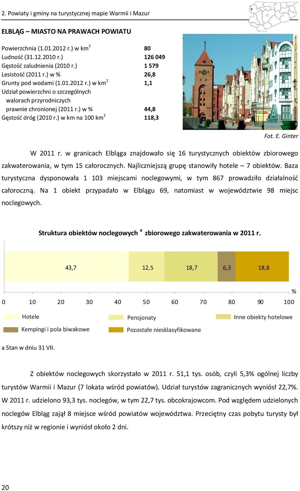 ) w km na 100 km 2 118,3 Fot. E. Ginter W 2011 r. w granicach Elbląga znajdowało się 16 turystycznych obiektów zbiorowego zakwaterowania, w tym 15 całorocznych.