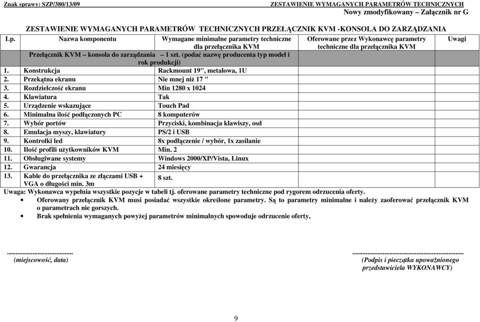 (podać nazwę producenta typ model i rok produkcji) 1. Konstrukcja Rackmount 19", metalowa, 1U 2. Przekątna ekranu Nie mnej niŝ 17 '' 3. Rozdzielczość ekranu Min 1280 x 1024 4. Klawiatura Tak 5.