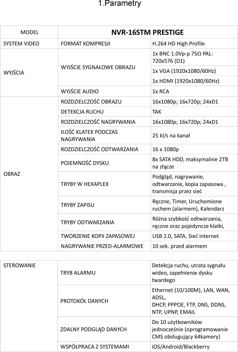 16x720p; 24xD1 ILOŚĆ KLATEK PODCZAS NAGRYWANIA 25 kl/s na kanał ROZDZIELCZOŚĆ ODTWARZANIA 16 x 1080p POJEMNOŚĆ DYSKU 8x SATA HDD, maksymalnie 2TB na złącze TRYBY W HEXAPLEX Podgląd, nagrywanie,