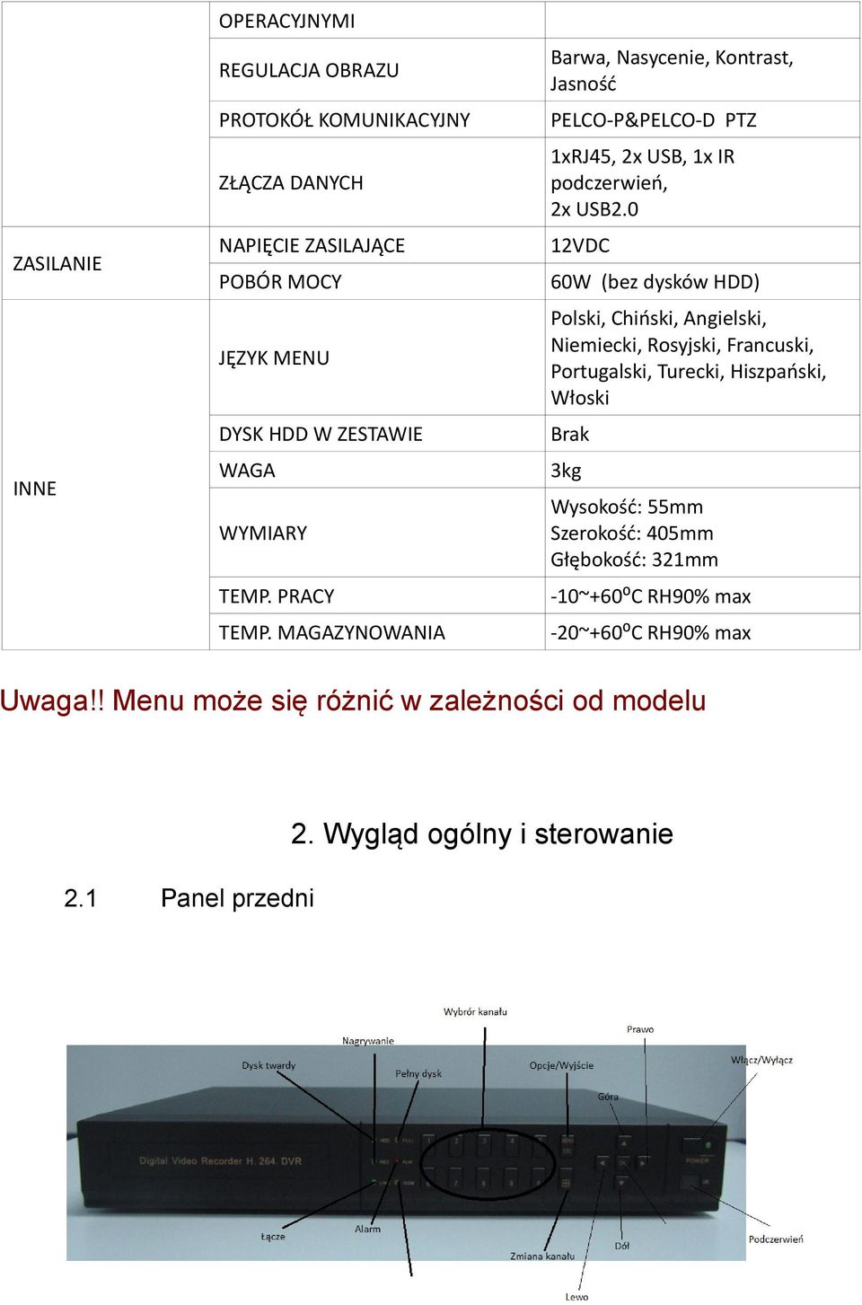 0 NAPIĘCIE ZASILAJĄCE 12VDC POBÓR MOCY 60W (bez dysków HDD) JĘZYK MENU Polski, Chiński, Angielski, Niemiecki, Rosyjski, Francuski, Portugalski, Turecki,