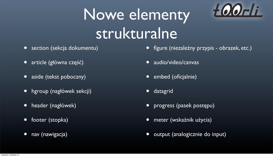 ) article (główna część) audio/video/canvas aside (tekst poboczny) embed (oficjalnie)