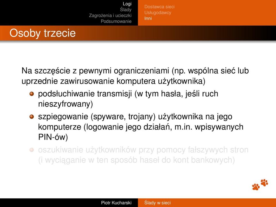 ruch nieszyfrowany) szpiegowanie (spyware, trojany) użytkownika na jego komputerze (logowanie jego działań, m.