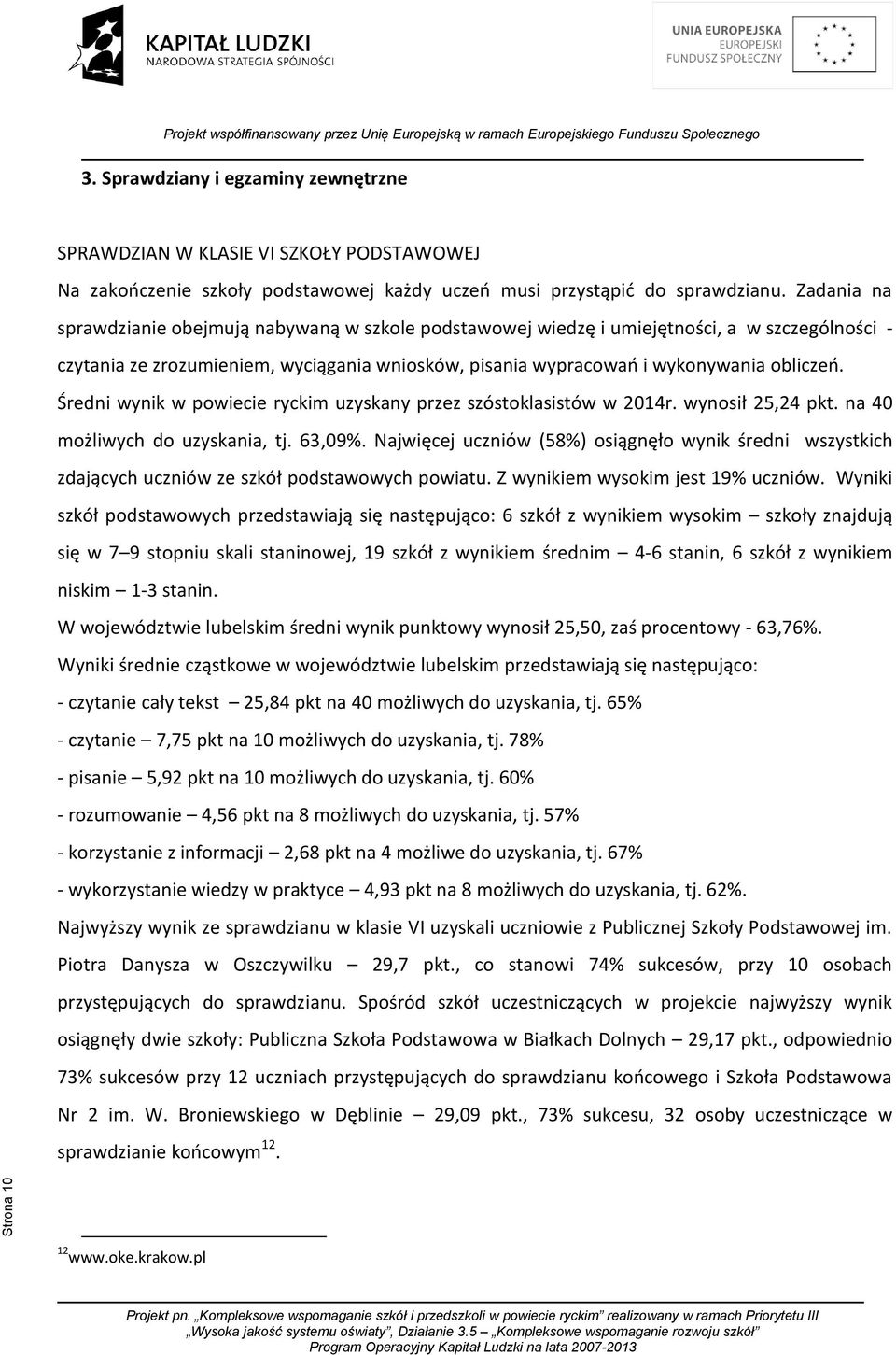 Średni wynik w powiecie ryckim uzyskany przez szóstoklasistów w 2014r. wynosił 25,24 pkt. na 40 możliwych do uzyskania, tj. 63,09%.