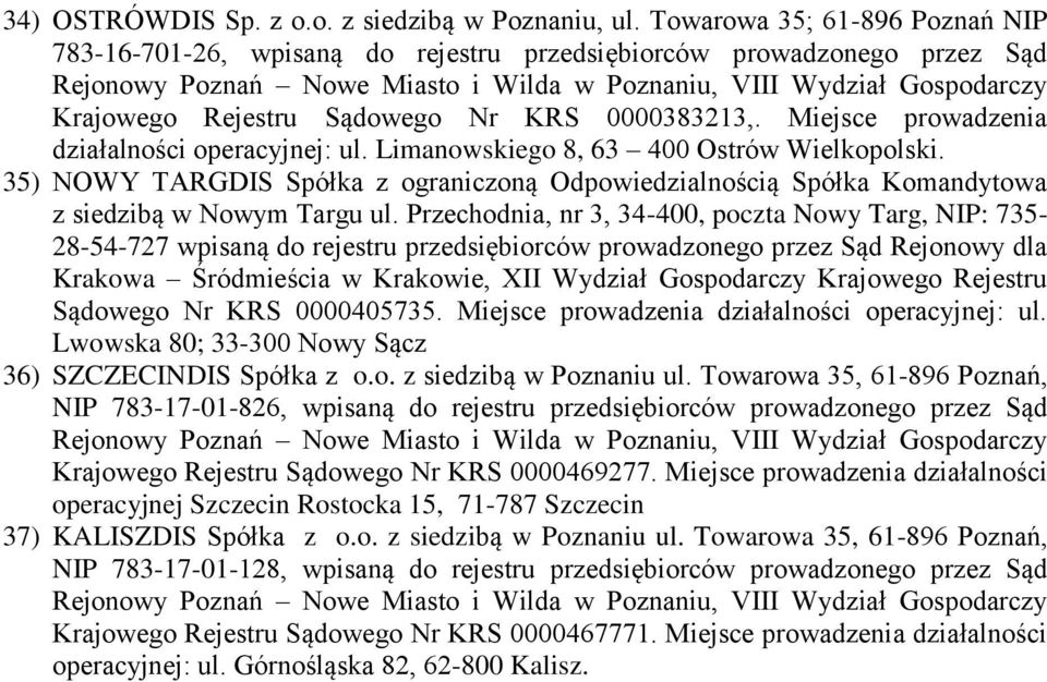 Miejsce prowadzenia działalności operacyjnej: ul. Limanowskiego 8, 63 400 Ostrów Wielkopolski. 35) NOWY TARGDIS Spółka z ograniczoną Odpowiedzialnością Spółka Komandytowa z siedzibą w Nowym Targu ul.