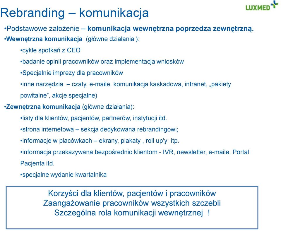 kaskadowa, intranet, pakiety powitalne, akcje specjalne) Zewnętrzna komunikacja (główne działania): listy dla klientów, pacjentów, partnerów, instytucji itd.