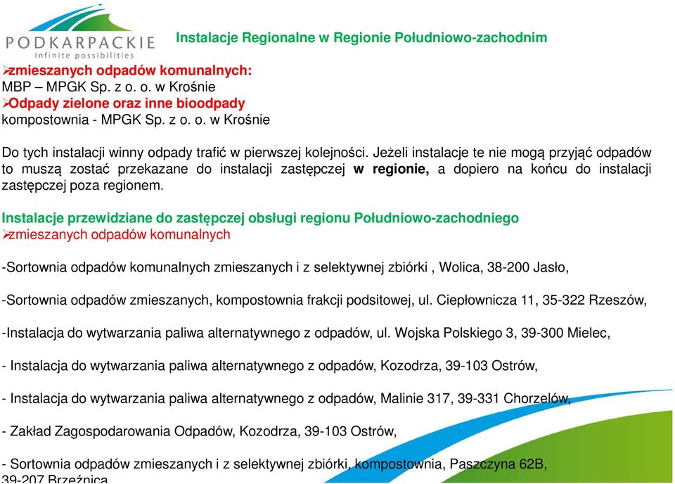 Instalacje przewidziane do zastępczej obsługi regionu Południowo-zachodniego zmieszanych odpadów komunalnych -Sortownia odpadów komunalnych zmieszanych i z selektywnej zbiórki, Wolica, 38-200 Jasło,