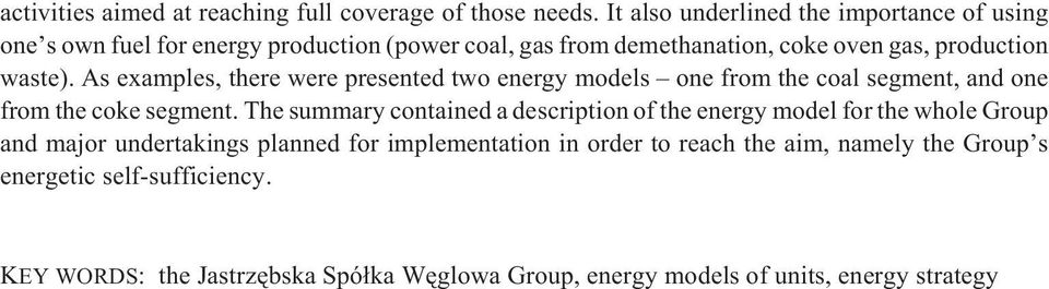 As examples, there were presented two energy models one from the coal segment, and one from the coke segment.