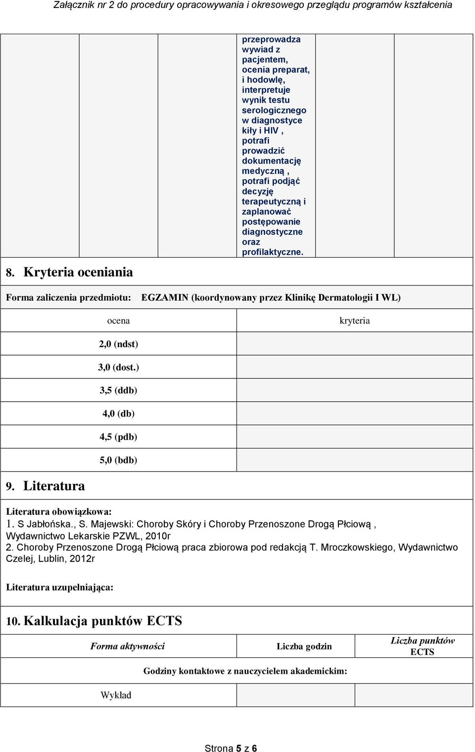 EGZAMIN (koordynowany przez Klinikę Dermatologii I WL) kryteria 2,0 (ndst) 3,0 (dost.) 3,5 (ddb) 4,0 (db) 4,5 (pdb) 5,0 (bdb) 9. Literatura Literatura obowiązkowa: 1. S Jabłońska., S.