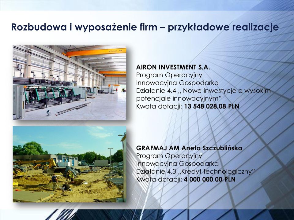 4 Nowe inwestycje o wysokim potencjale innowacyjnym Kwota dotacji: 13 548 028,08 PLN