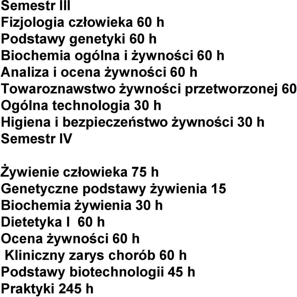 bezpieczeństwo żywności 30 h Semestr IV Żywienie człowieka 75 h Genetyczne podstawy żywienia 15 Biochemia