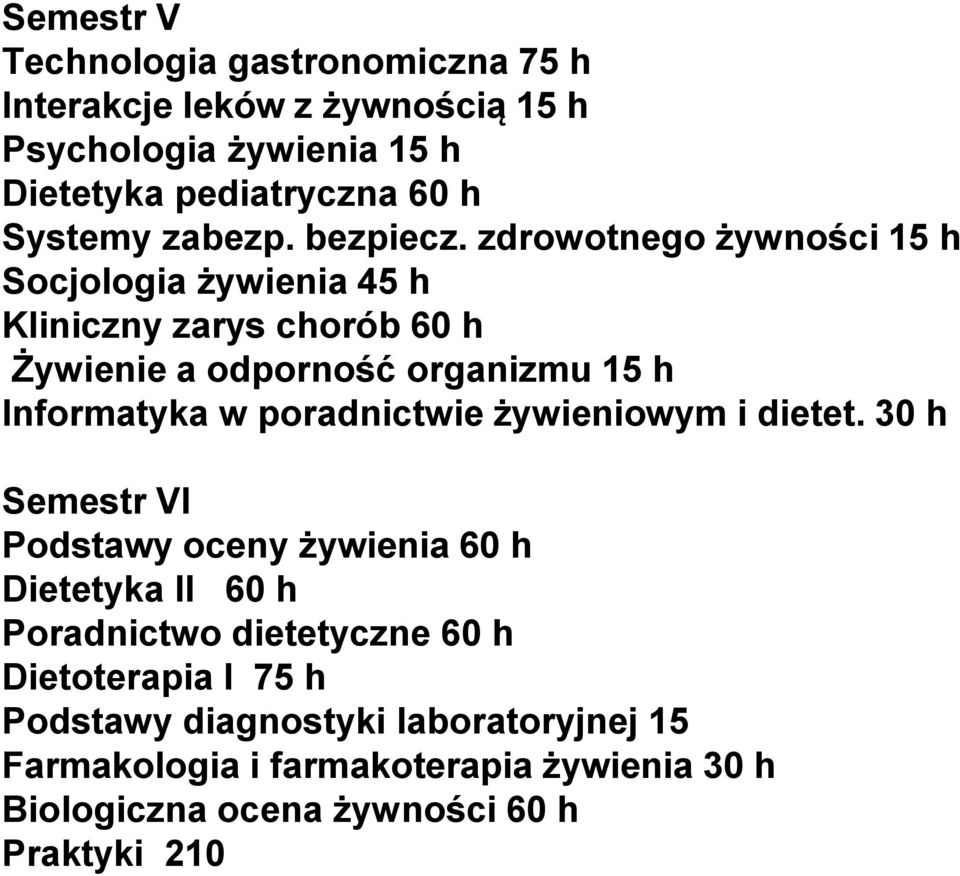 zdrowotnego żywności 15 h Socjologia żywienia 45 h Kliniczny zarys chorób 60 h Żywienie a odporność organizmu 15 h Informatyka w