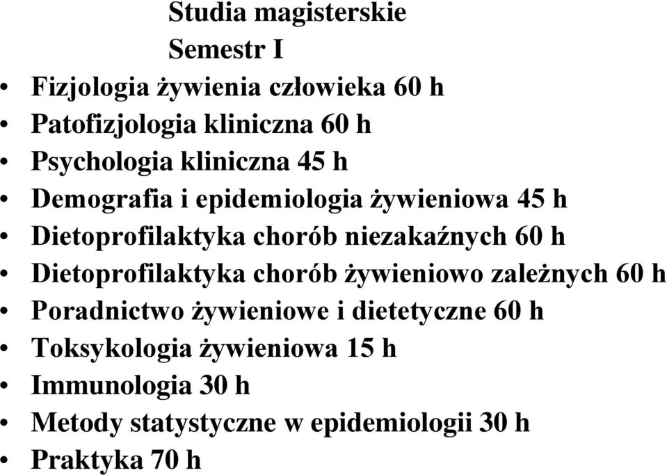 niezakaźnych 60 h Dietoprofilaktyka chorób żywieniowo zależnych 60 h Poradnictwo żywieniowe i