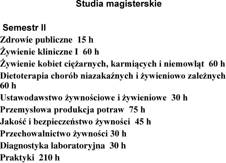 60 h Ustawodawstwo żywnościowe i żywieniowe 30 h Przemysłowa produkcja potraw 75 h Jakość i