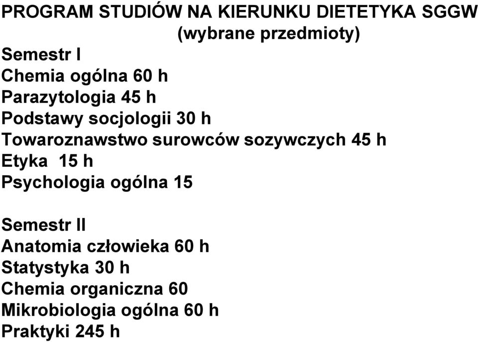 sozywczych 45 h Etyka 15 h Psychologia ogólna 15 Semestr II Anatomia człowieka
