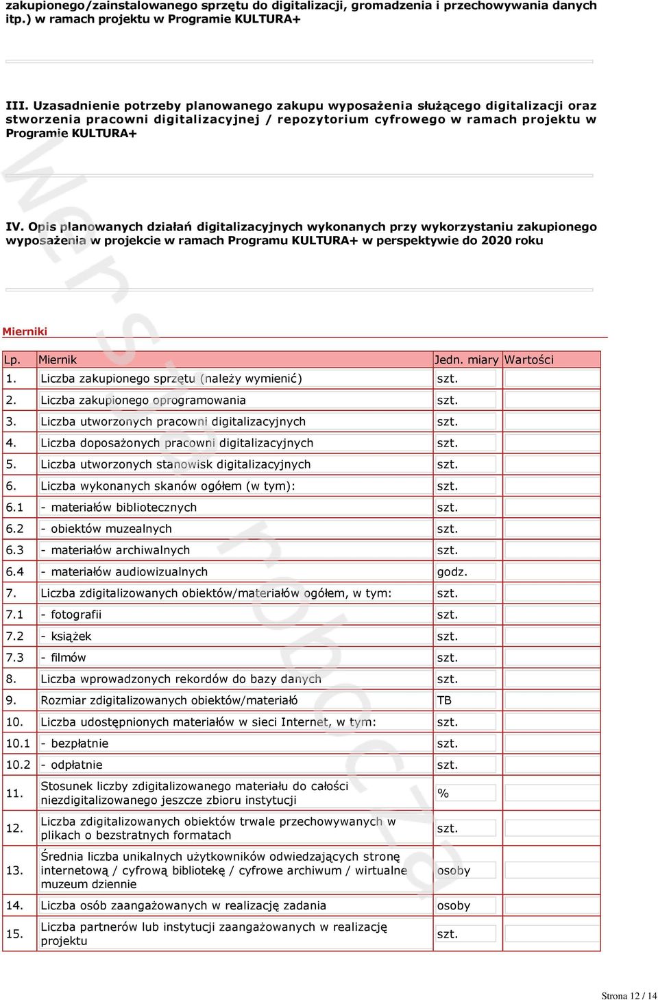 Opis planowanych działań digitalizacyjnych wykonanych przy wykorzystaniu zakupionego wyposażenia w projekcie w ramach Programu KULTURA+ w perspektywie do 22 roku Mierniki Lp. Miernik Jedn.