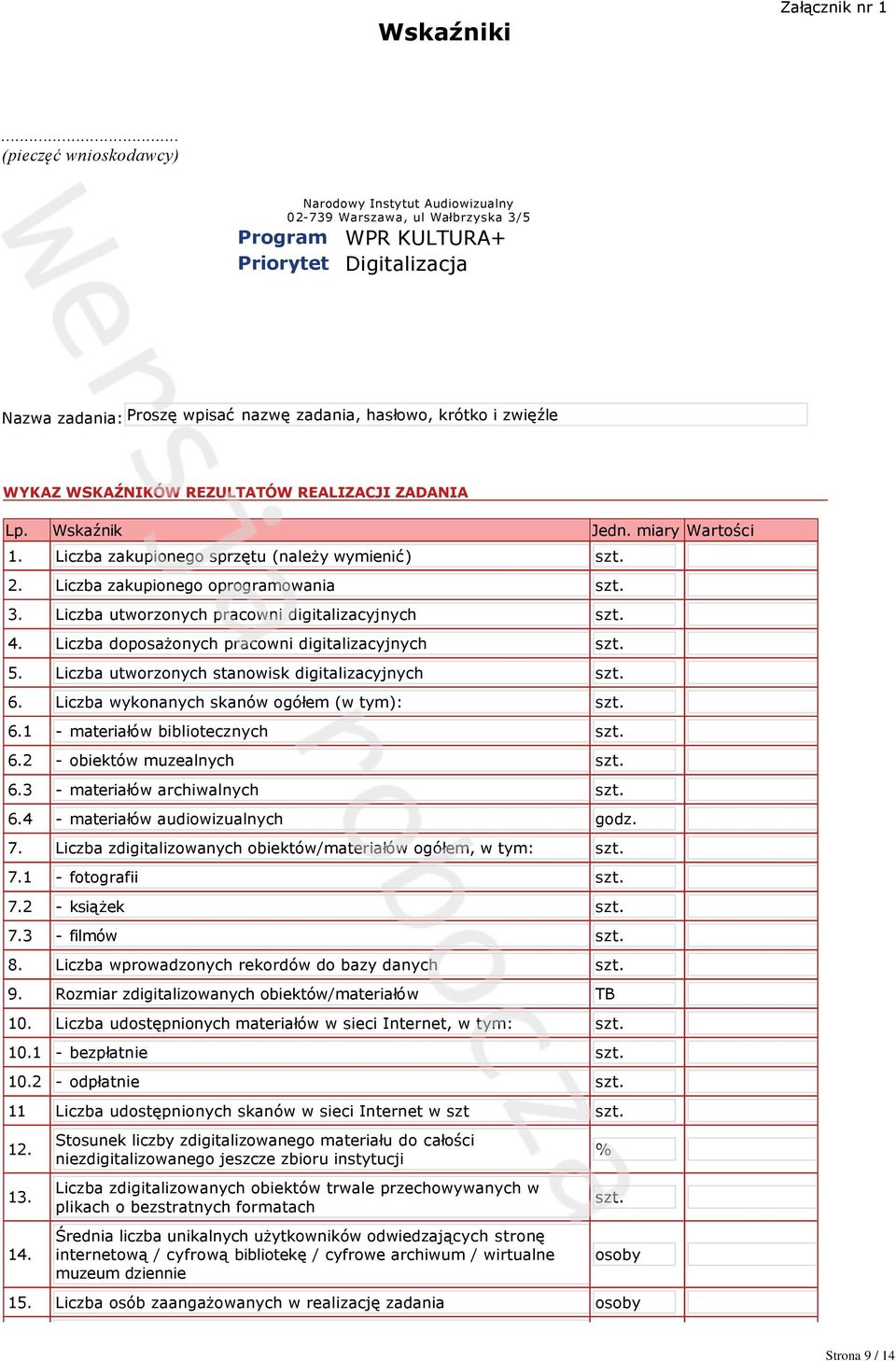 zwięźle WYKAZ WSKAŹNIKÓW REZULTATÓW REALIZACJI ZADANIA Lp. Wskaźnik Jedn. miary Wartości 1. Liczba zakupionego sprzętu (należy wymienić) szt. 2. Liczba zakupionego oprogramowania szt. 3.