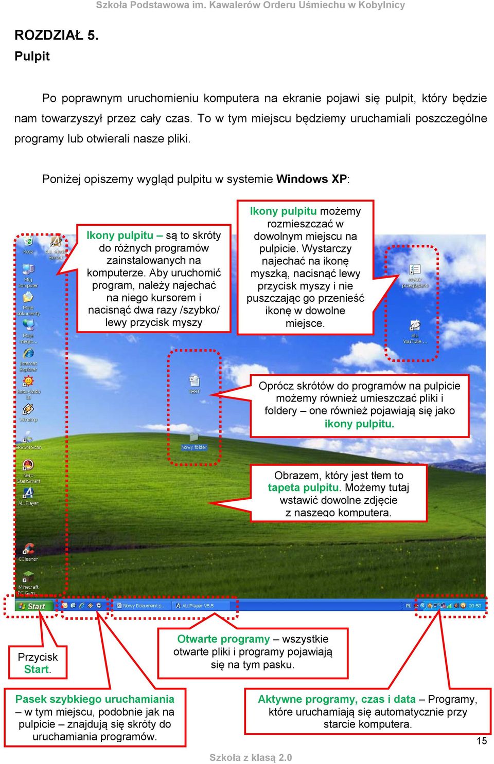Poniżej opiszemy wygląd pulpitu w systemie Windows XP: Ikony pulpitu są to skróty do różnych programów zainstalowanych na komputerze.