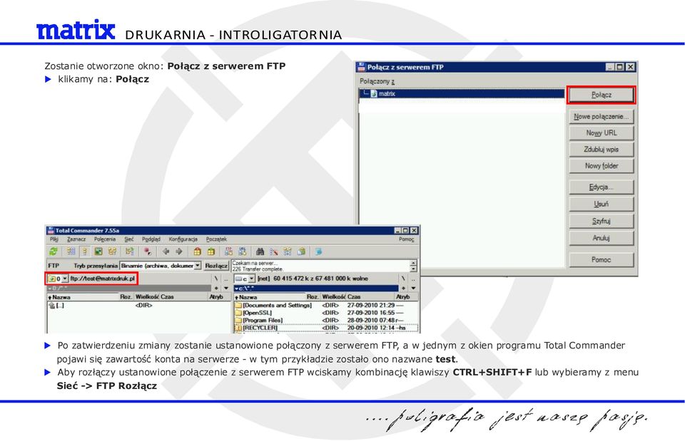 zawartość konta na serwerze - w tym przykładzie zostało ono nazwane test.