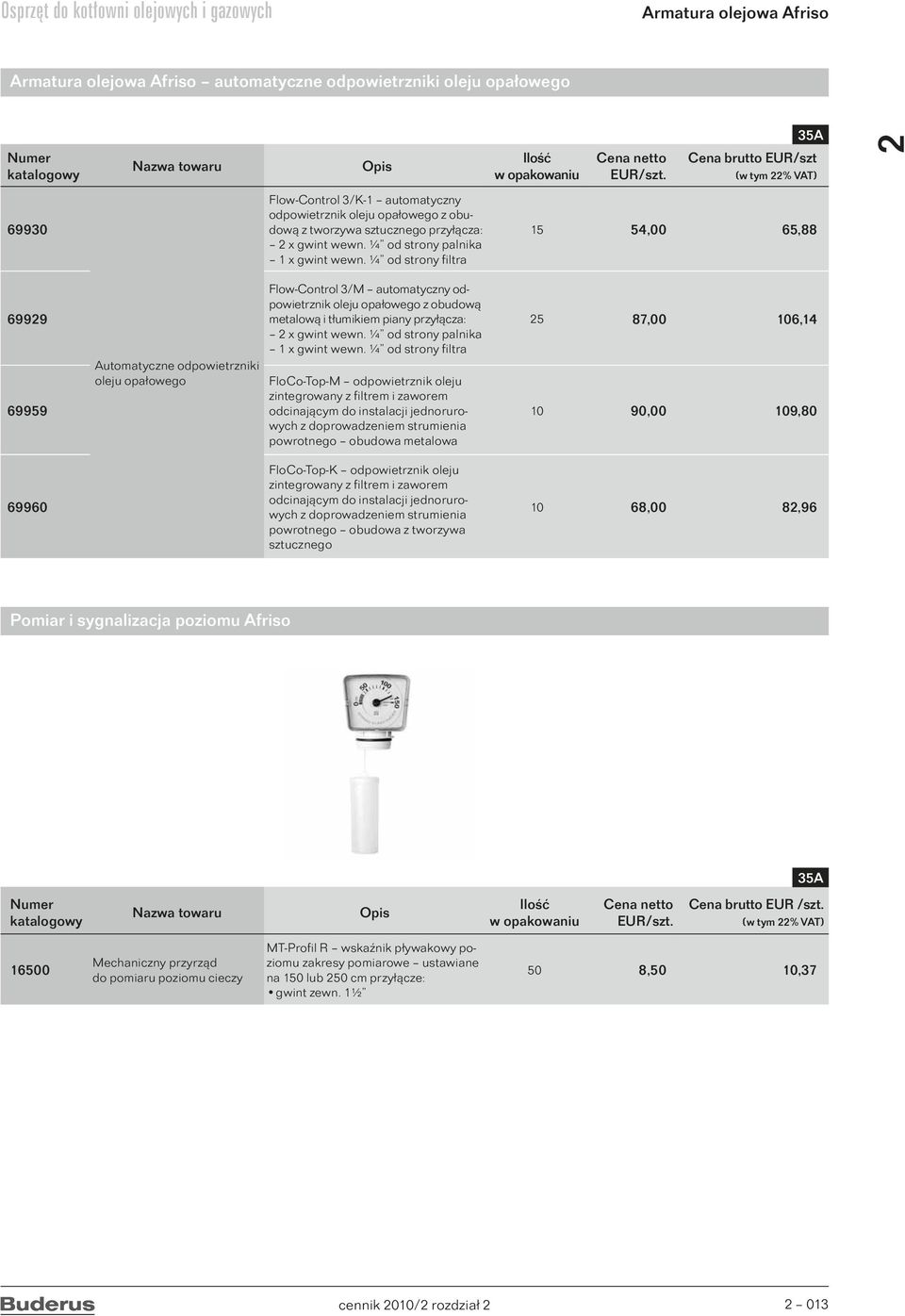 ¼ od strony filtra 15 54,00 65,88 6999 69959 69960 Automatyczne odpowietrzniki oleju opałowego Flow-Control 3/M automatyczny odpowietrznik oleju opałowego z obudową metalową i tłumikiem piany