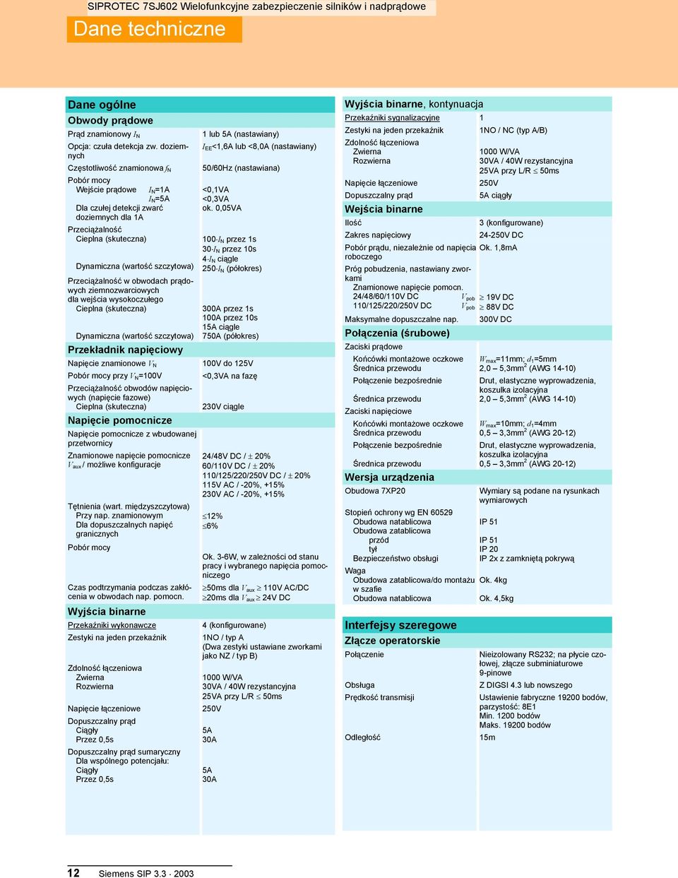 Przeciążalność w obwodach prądowych ziemnozwarciowych dla wejścia wysokoczułego Cieplna (skuteczna) Dynamiczna (wartość szczytowa) Przekładnik napięciowy Napięcie znamionowe V N Pobór mocy przy V N
