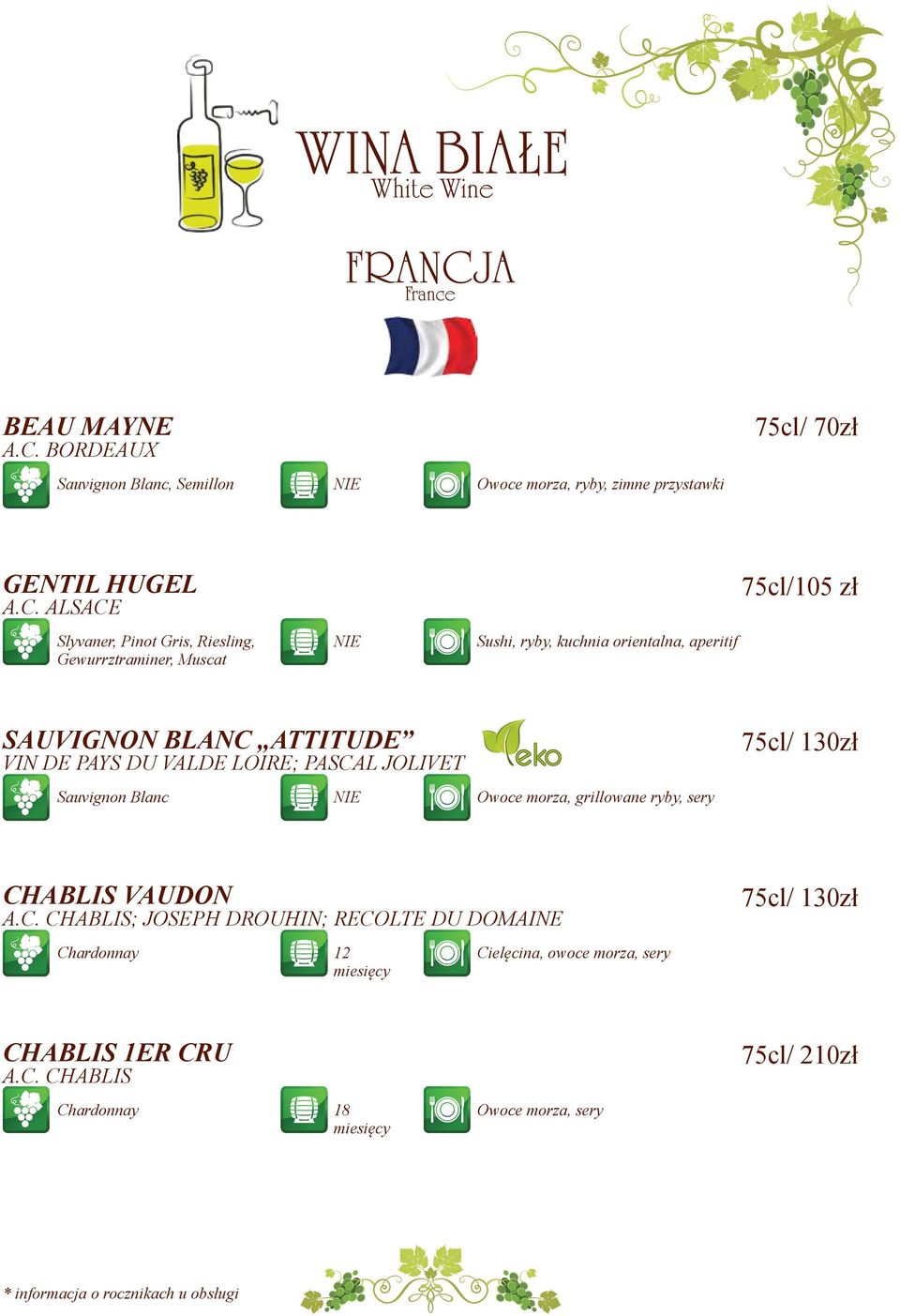 ALSACE 75cl/105 zł Slyvaner, Pinot Gris, Riesling, Gewurrztraminer, Muscat Sushi, ryby, kuchnia orientalna, aperitif SAUVIGNON BLANC