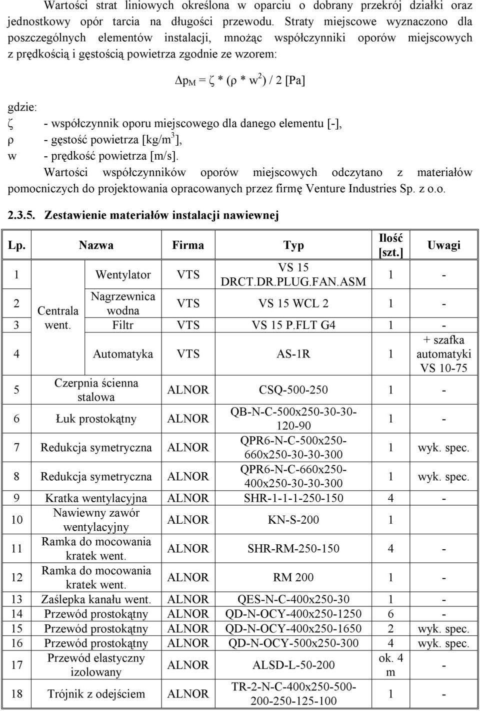 gdzie: ζ - współczynnik oporu miejscowego dla danego elementu [-], ρ - gęstość powietrza [kg/m 3 ], w - prędkość powietrza [m/s].