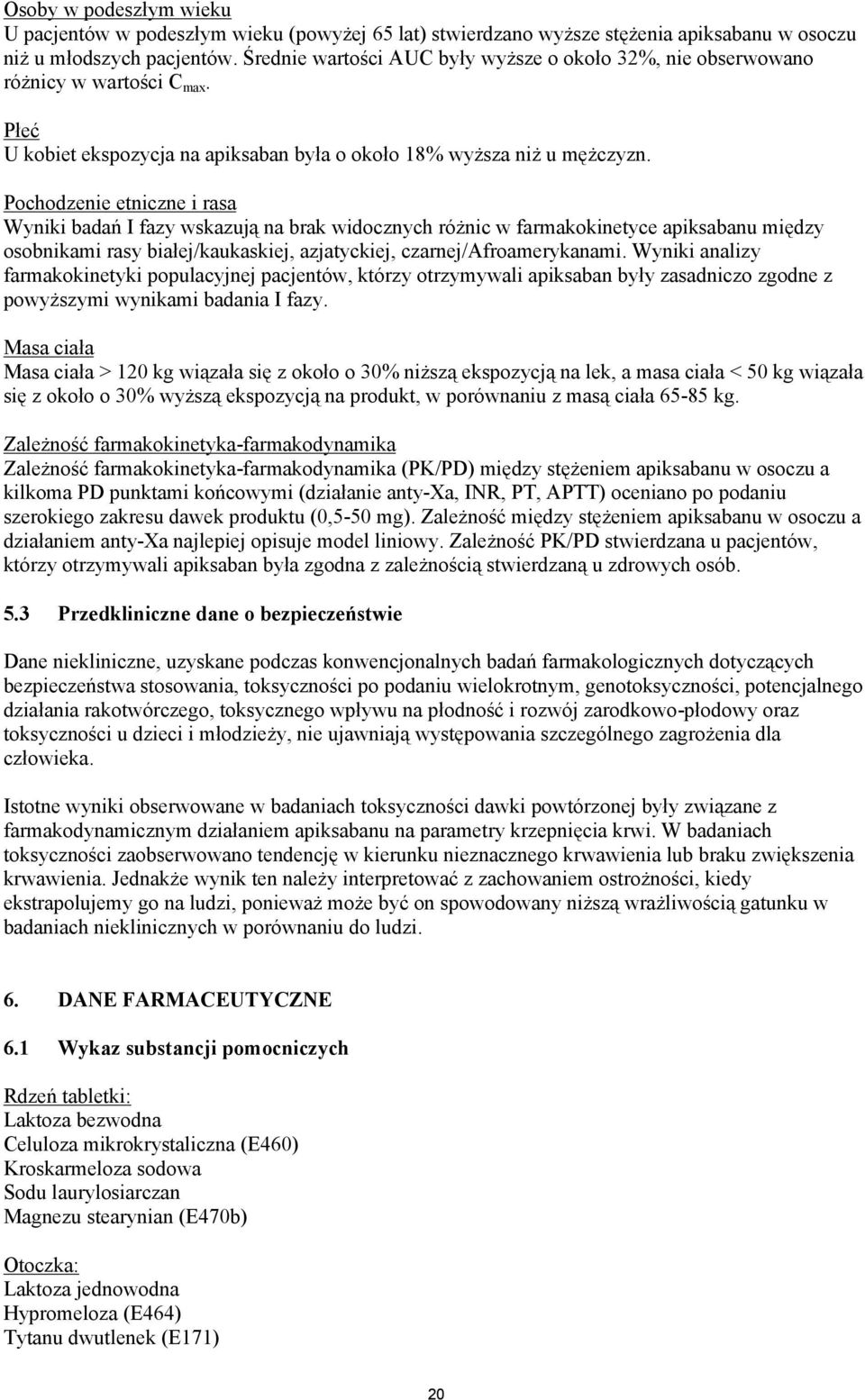 Pochodzenie etniczne i rasa Wyniki badań I fazy wskazują na brak widocznych różnic w farmakokinetyce apiksabanu między osobnikami rasy białej/kaukaskiej, azjatyckiej, czarnej/afroamerykanami.