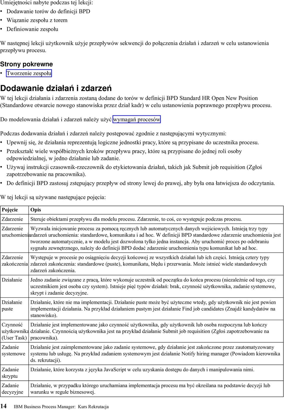 Strony pokrewne v Tworzenie zespołu Dodawanie działań i zdarzeń W tej lekcji działania i zdarzenia zostaną dodane do torów w definicji BPD Standard HR Open New Position (Standardowe otwarcie nowego
