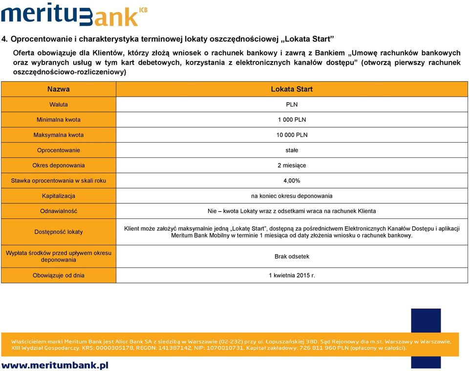 deponowania Lokata Start 1 000 10 000 2 miesiące Stawka oprocentowania w skali roku 4,00% Dostępność lokaty Klient może założyć maksymalnie jedną Lokatę Start, dostępną za pośrednictwem