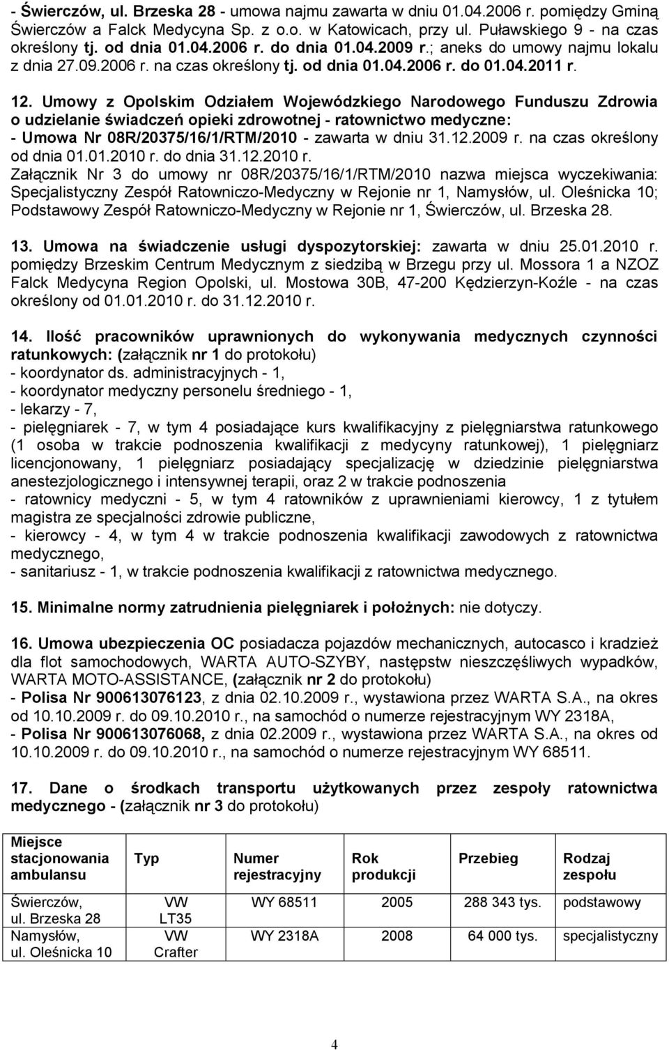 Umowy z Opolskim Odziałem Wojewódzkiego Narodowego Funduszu Zdrowia o udzielanie świadczeń opieki zdrowotnej - ratownictwo medyczne: - Umowa Nr 08R/20375/16/1/RTM/2010 - zawarta w dniu 31.12.2009 r.