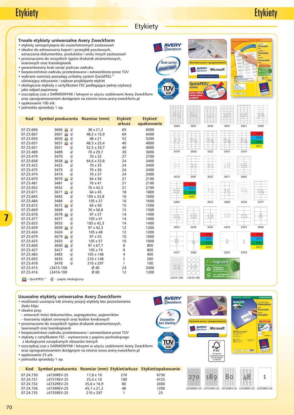 TUV wybrane rozmiary posiadają unikalny system QuickPEEL ułatwiający odrywanie i szybsze przyklejanie etykiet ekologiczne etykiety z certyfikatem FSC podlegające pełnej utylizacji jako odpad