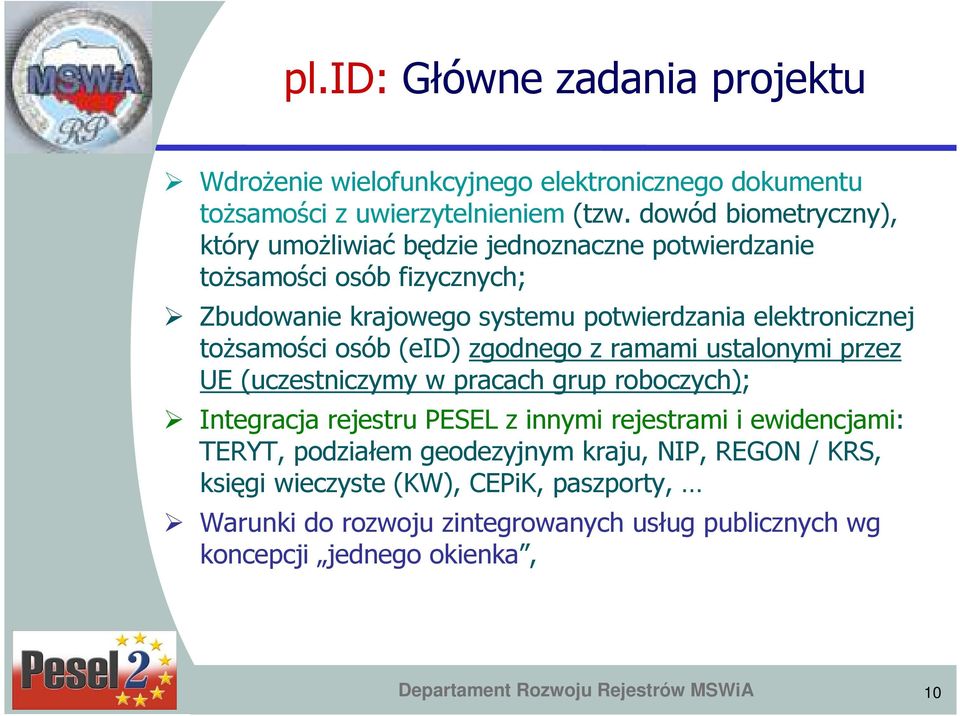 toŝsamości osób (eid) zgodnego z ramami ustalonymi przez UE (uczestniczymy w pracach grup roboczych); Integracja rejestru PESEL z innymi rejestrami i ewidencjami: