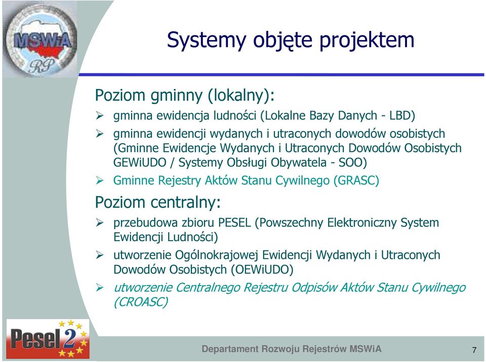 Cywilnego (GRASC) Poziom centralny: przebudowa zbioru PESEL (Powszechny Elektroniczny System Ewidencji Ludności) utworzenie Ogólnokrajowej Ewidencji