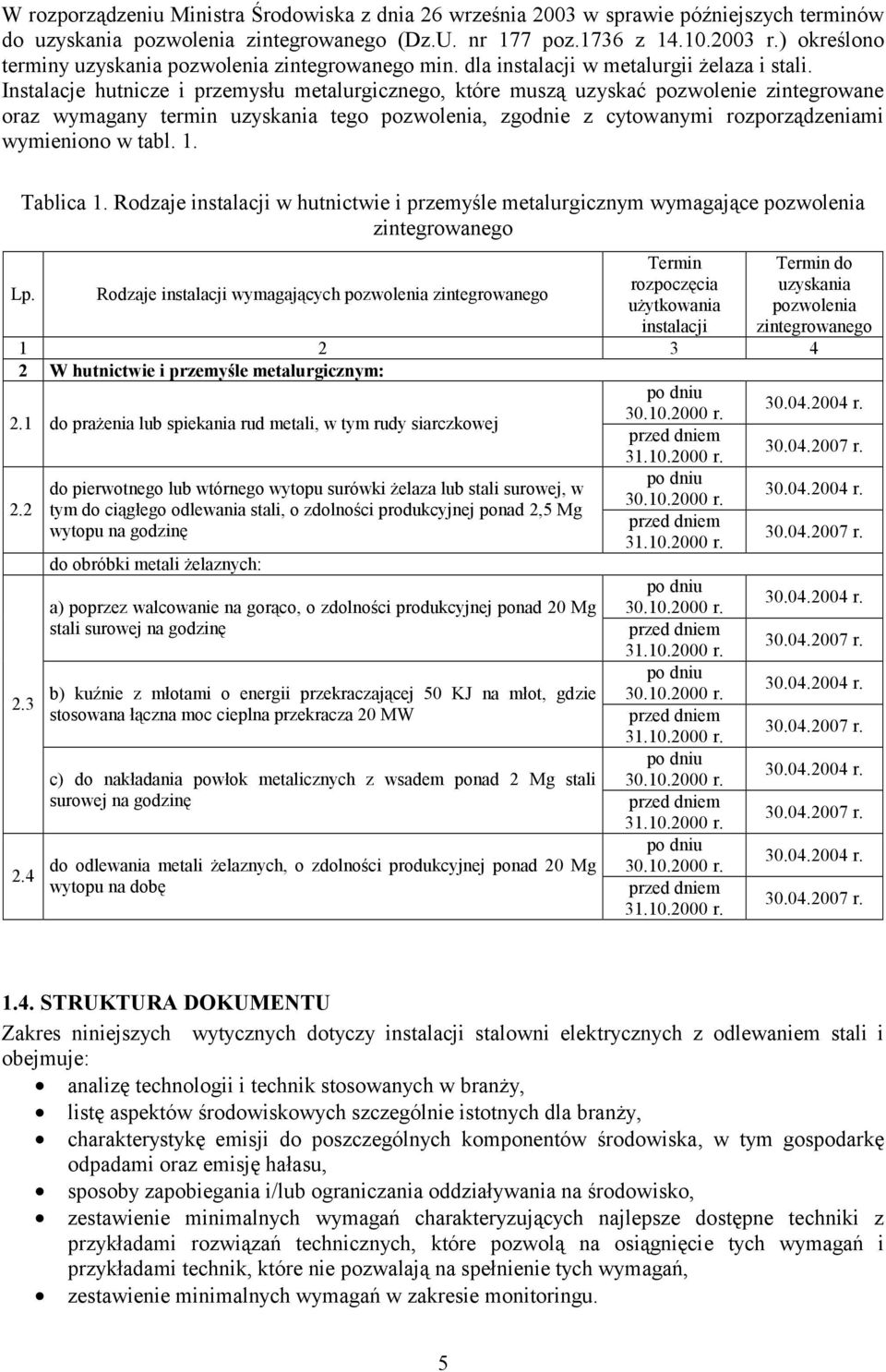 Instalacje hutnicze i przemysłu metalurgicznego, które muszą uzyskać pozwolenie zintegrowane oraz wymagany termin uzyskania tego pozwolenia, zgodnie z cytowanymi rozporządzeniami wymieniono w tabl. 1.