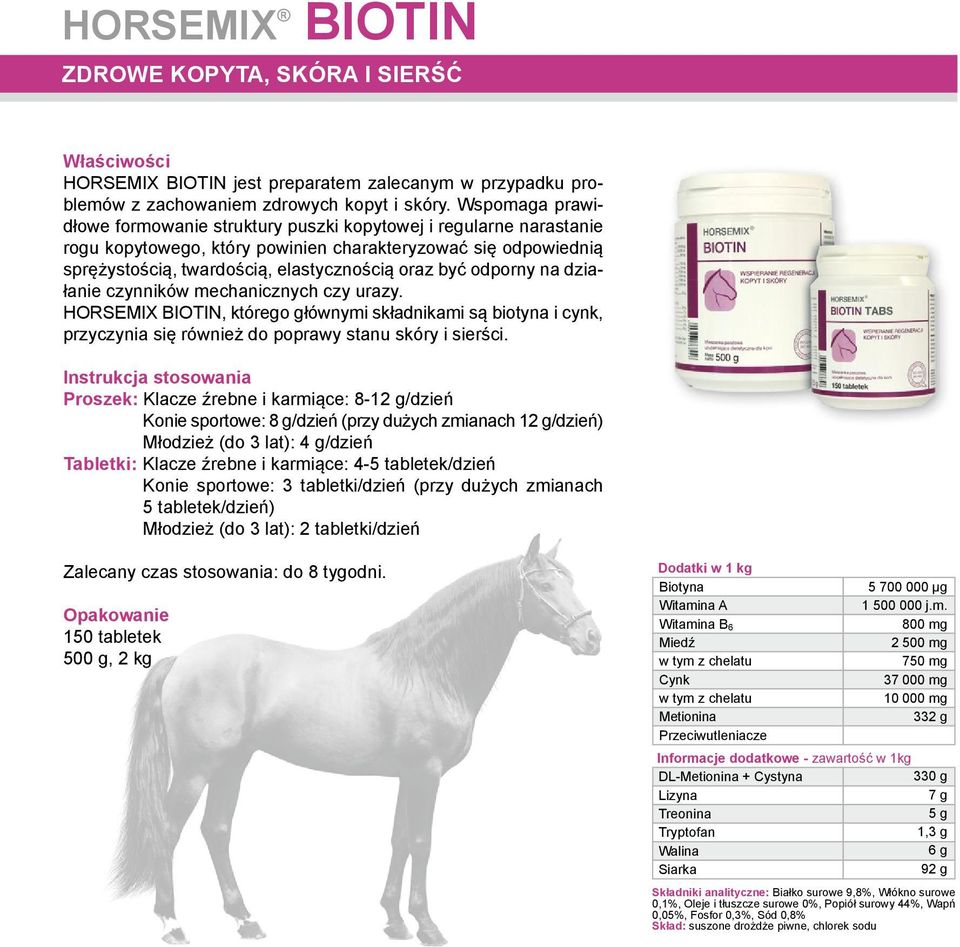 odporny na działanie czynników mechanicznych czy urazy. HORSEMIX BIOTIN, którego głównymi składnikami są biotyna i cynk, przyczynia się również do poprawy stanu skóry i sierści.