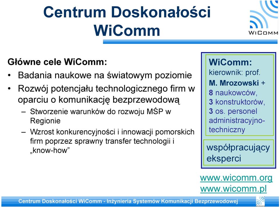 konkurencyjności i innowacji pomorskich firm poprzez sprawny transfer technologii i know-how WiComm: kierownik: prof.