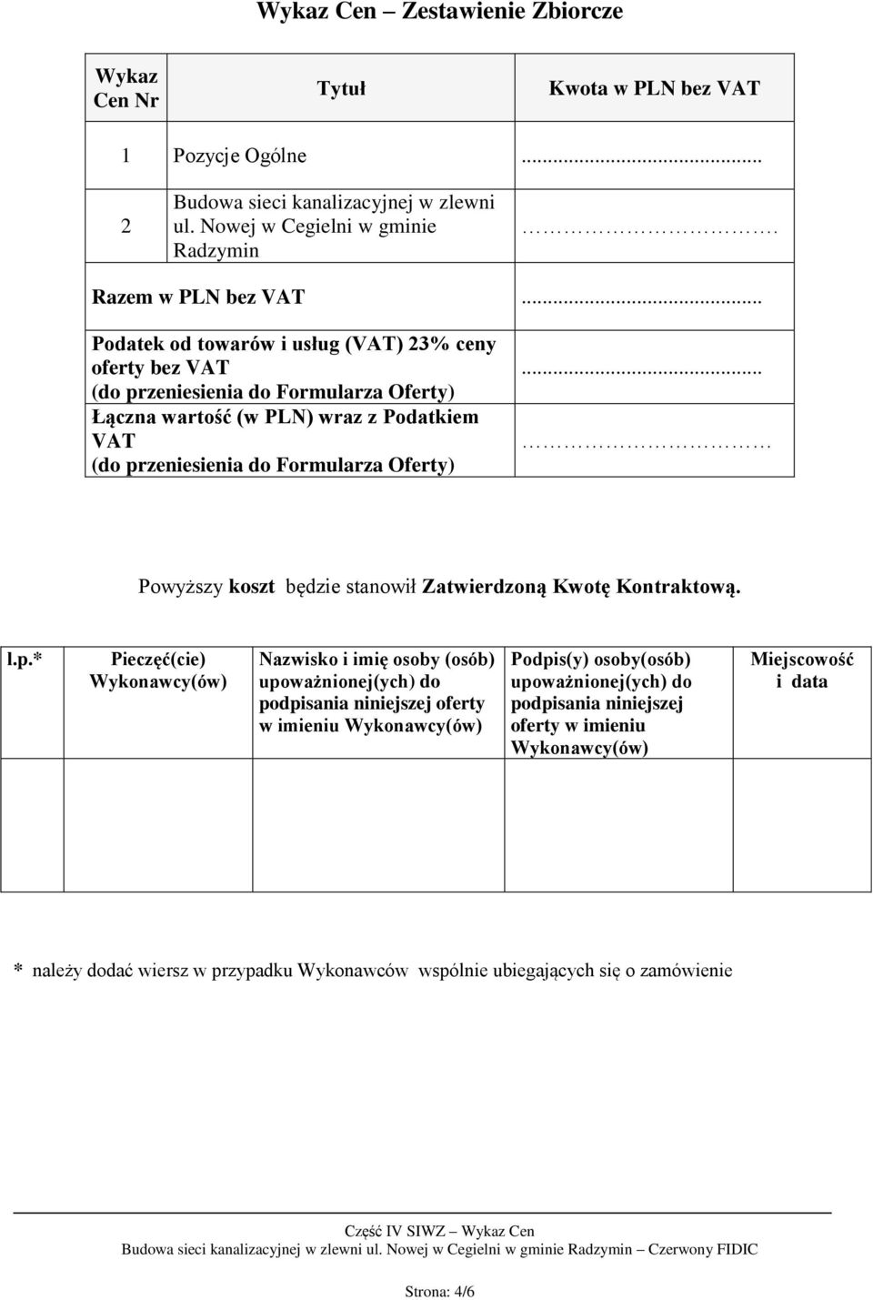 .. Powyższy koszt będzie stanowił Zatwierdzoną Kwotę Kontraktową. l.p.