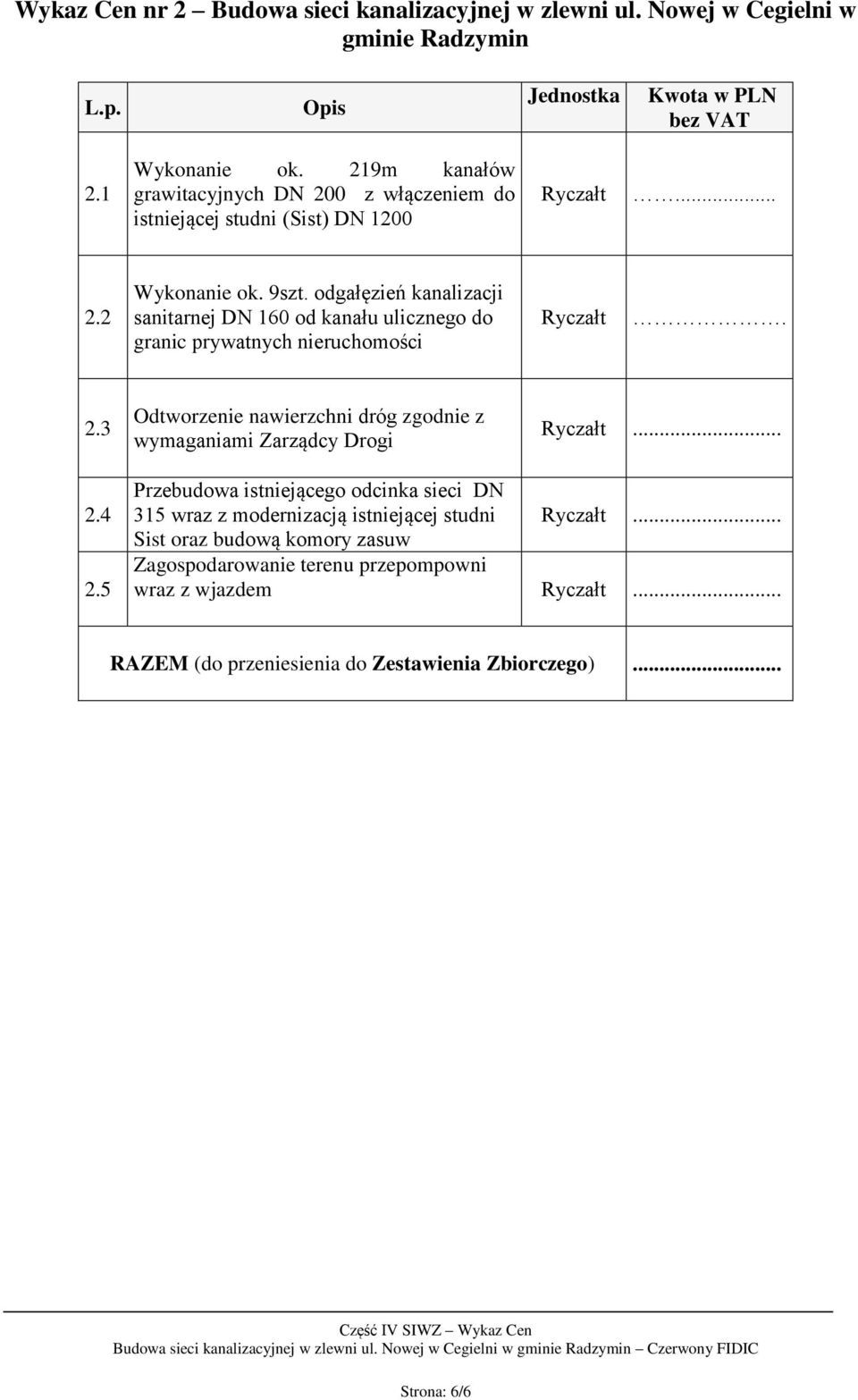 odgałęzień kanalizacji sanitarnej DN 160 od kanału ulicznego do granic prywatnych nieruchomości Ryczałt. 2.