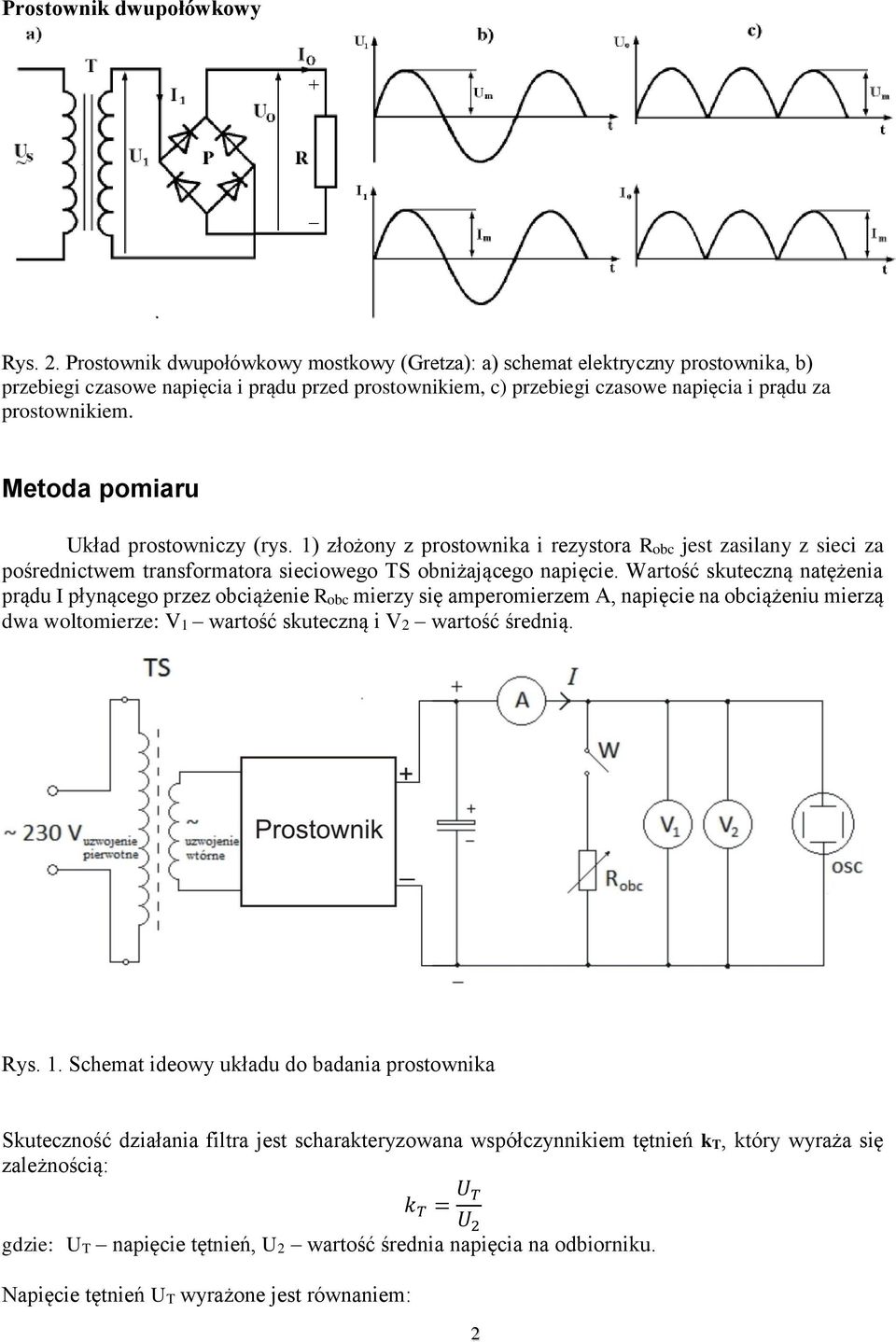Metoda pomiaru Układ prostowniczy (rys. 1) złożony z prostownika i rezystora Robc jest zasilany z sieci za pośrednictwem transformatora sieciowego TS obniżającego napięcie.