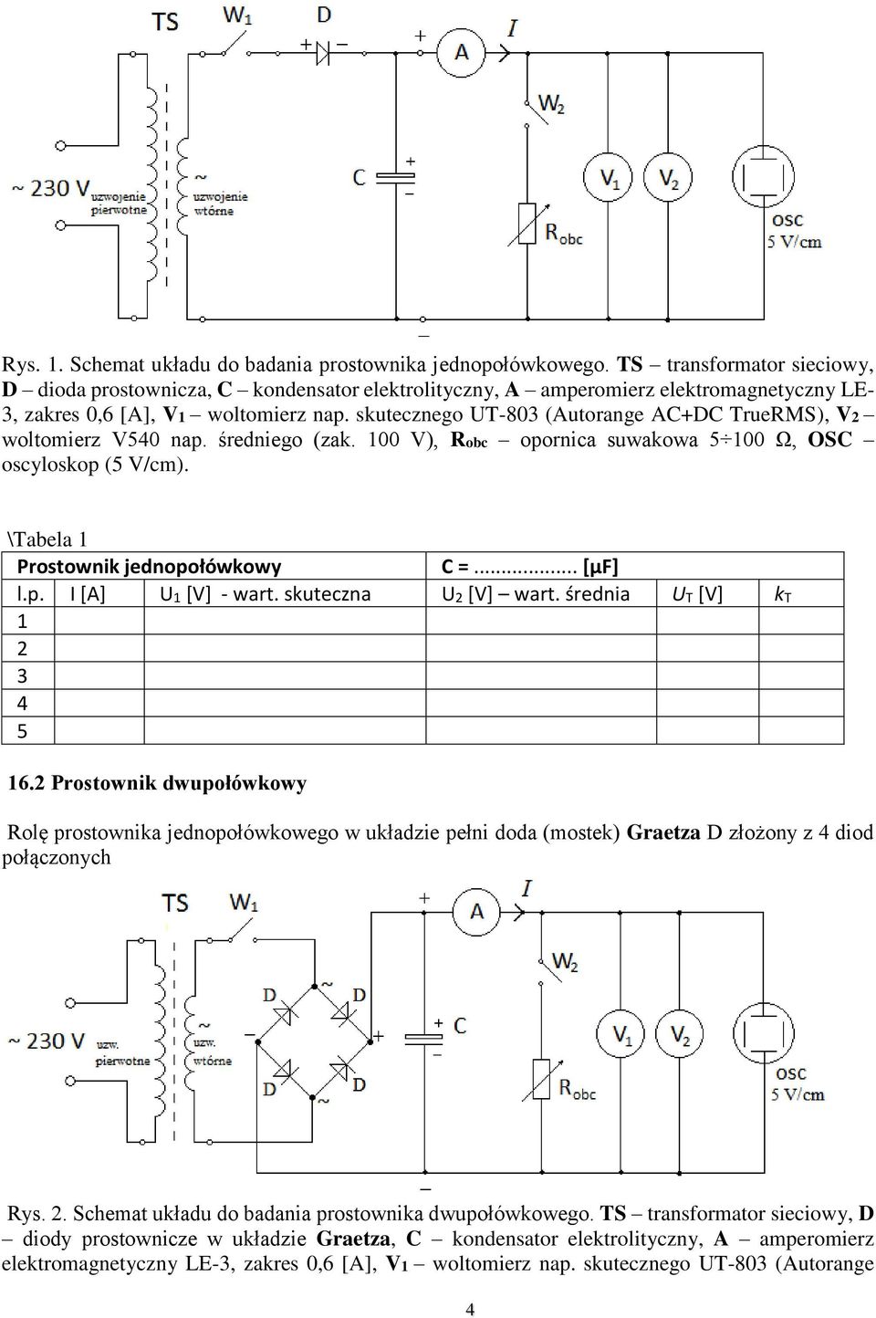 skutecznego UT-803 (Autorange AC+DC TrueRMS), V woltomierz V540 nap. średniego (zak. 100 V), Robc opornica suwakowa 5 100 Ω, OSC oscyloskop (5 V/cm). \Tabela 1 Prostownik jednopołówkowy C =... [µf] l.