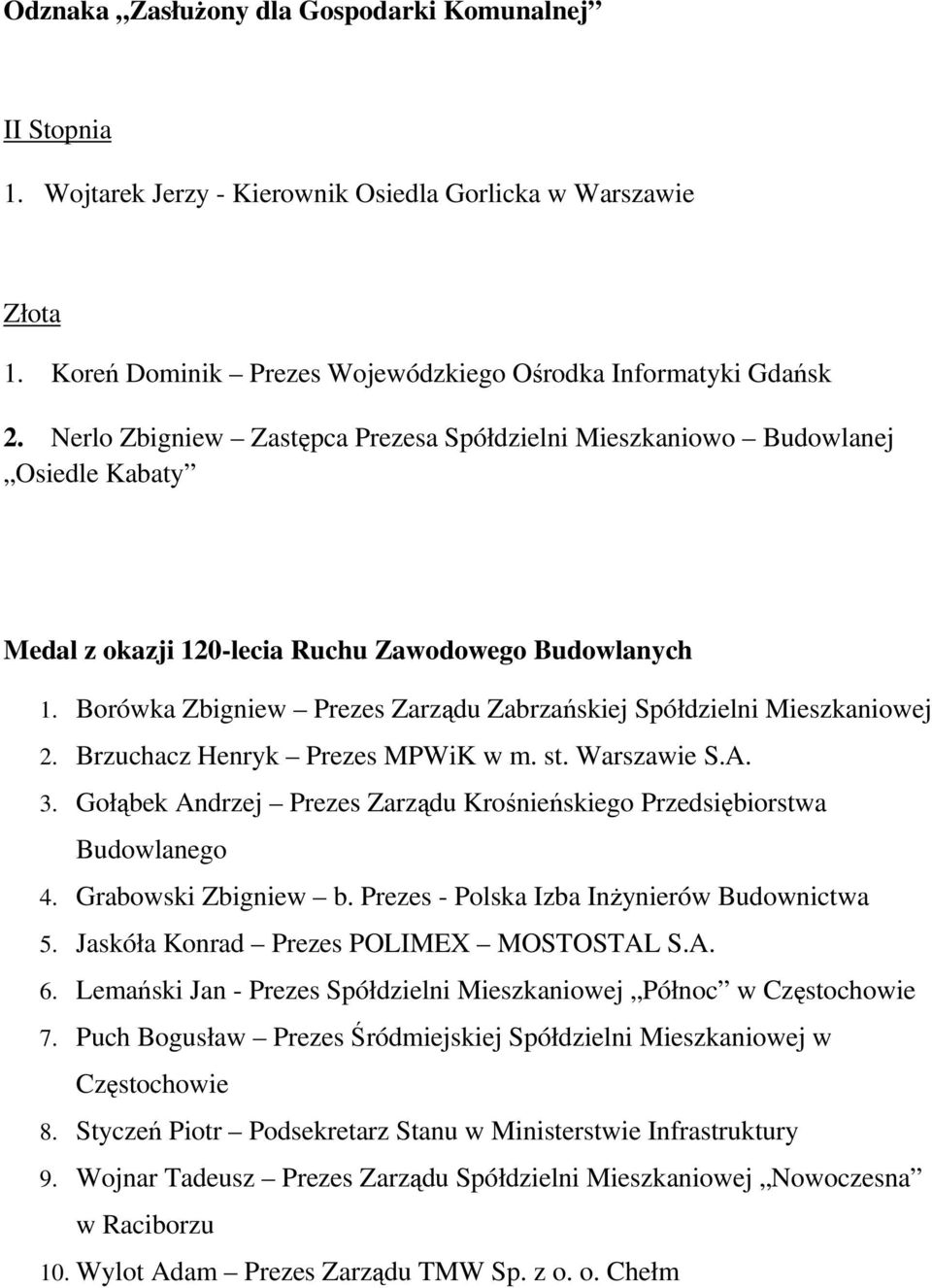 Borówka Zbigniew Prezes Zarządu Zabrzańskiej Spółdzielni Mieszkaniowej 2. Brzuchacz Henryk Prezes MPWiK w m. st. Warszawie S.A. 3.