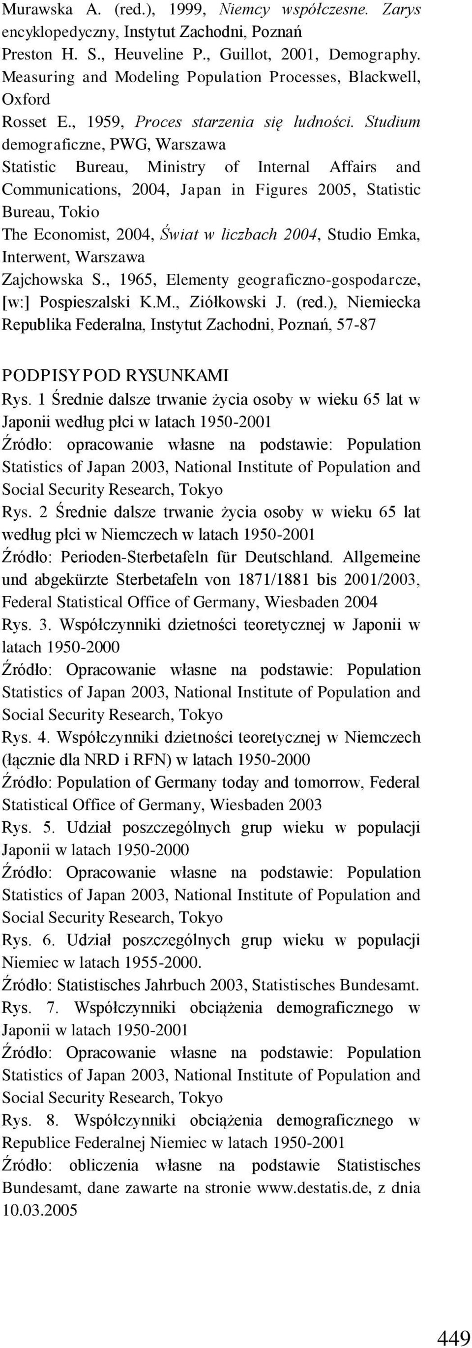 Studium demograficzne, PWG, Warszawa Statistic Bureau, Ministry of Internal Affairs and Communications, 2004, Japan in Figures 2005, Statistic Bureau, Tokio The Economist, 2004, Świat w liczbach