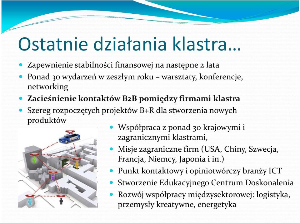 ponad 30 krajowymi i zagranicznymi klastrami, Misje zagraniczne firm (USA, Chiny, Szwecja, Francja, Niemcy, Japonia i in.