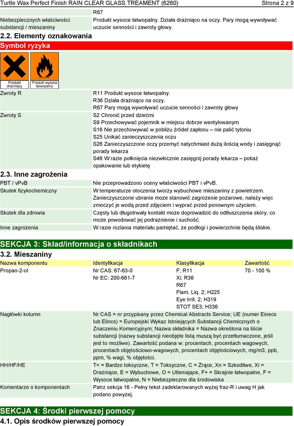 Inne zagrożenia PBT / vpvb Skutek fizykochemiczny Skutek dla zdrowia Inne zagrożenia R11 Produkt wysoce łatwopalny. R36 Działa drażniąco na oczy.
